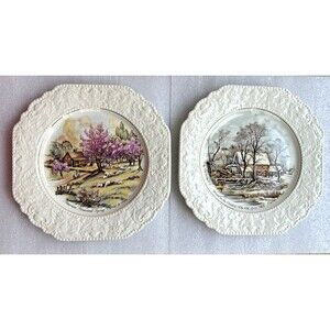 2 Lord Nelson Pottery Four Season Currier & Ives Plates, Spring & Winter 8 1/4"